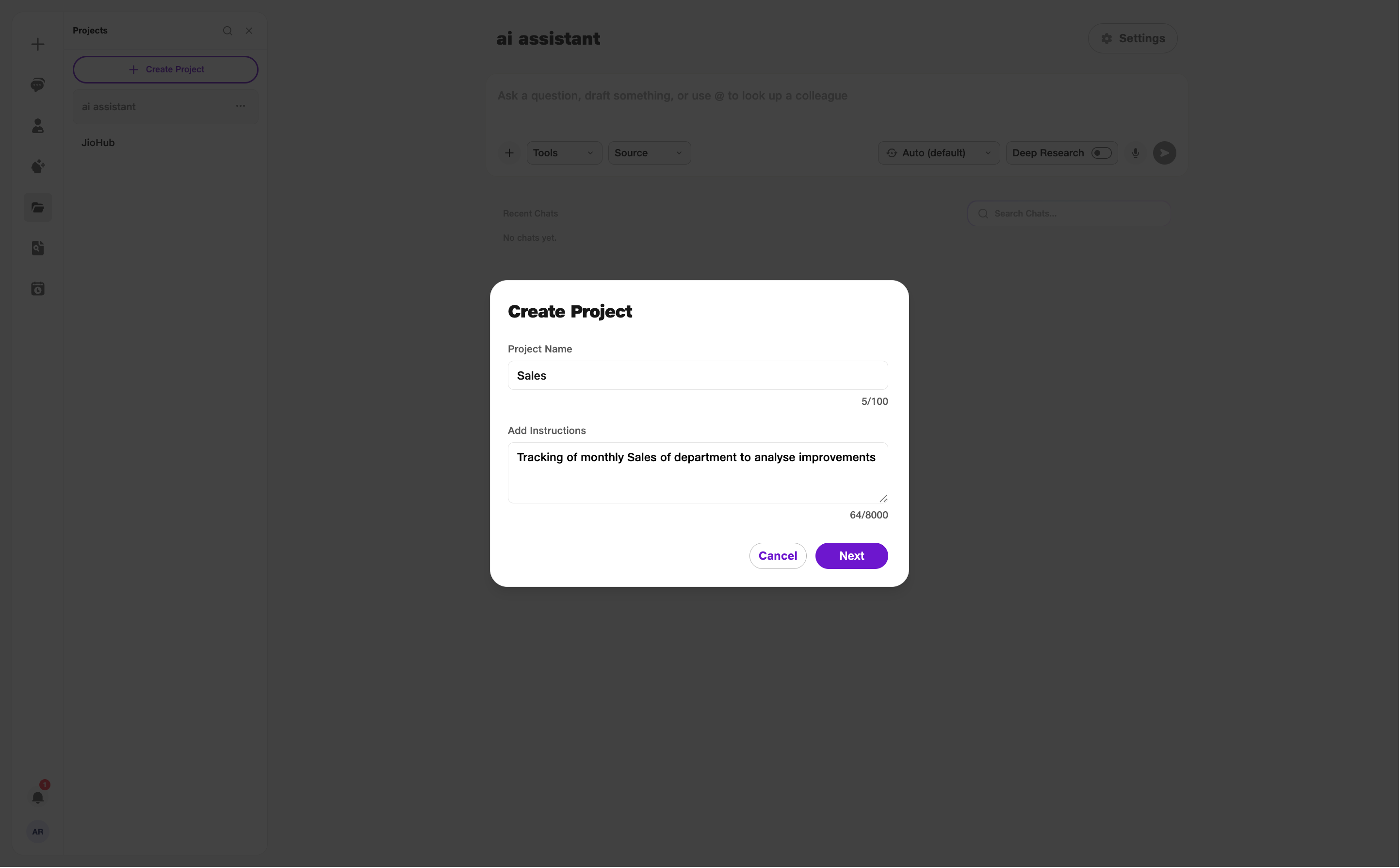 Create Project — name and instructions